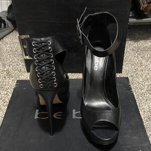 Bebe Black Lace-Up Peep Toe Heels